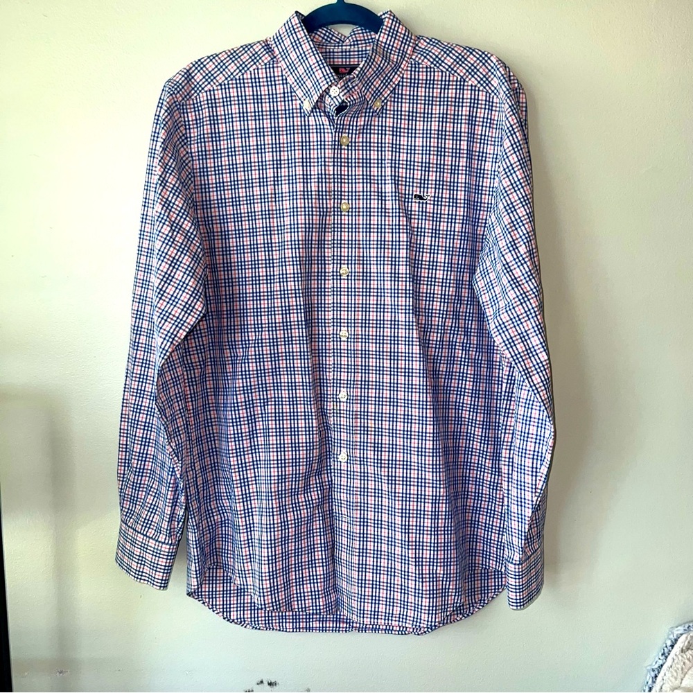 Men’s Vineyard Vines blue and pink checked button down shirt
